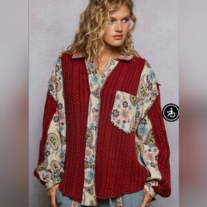 POL Red and Floral Patchwork and Knit Sweater